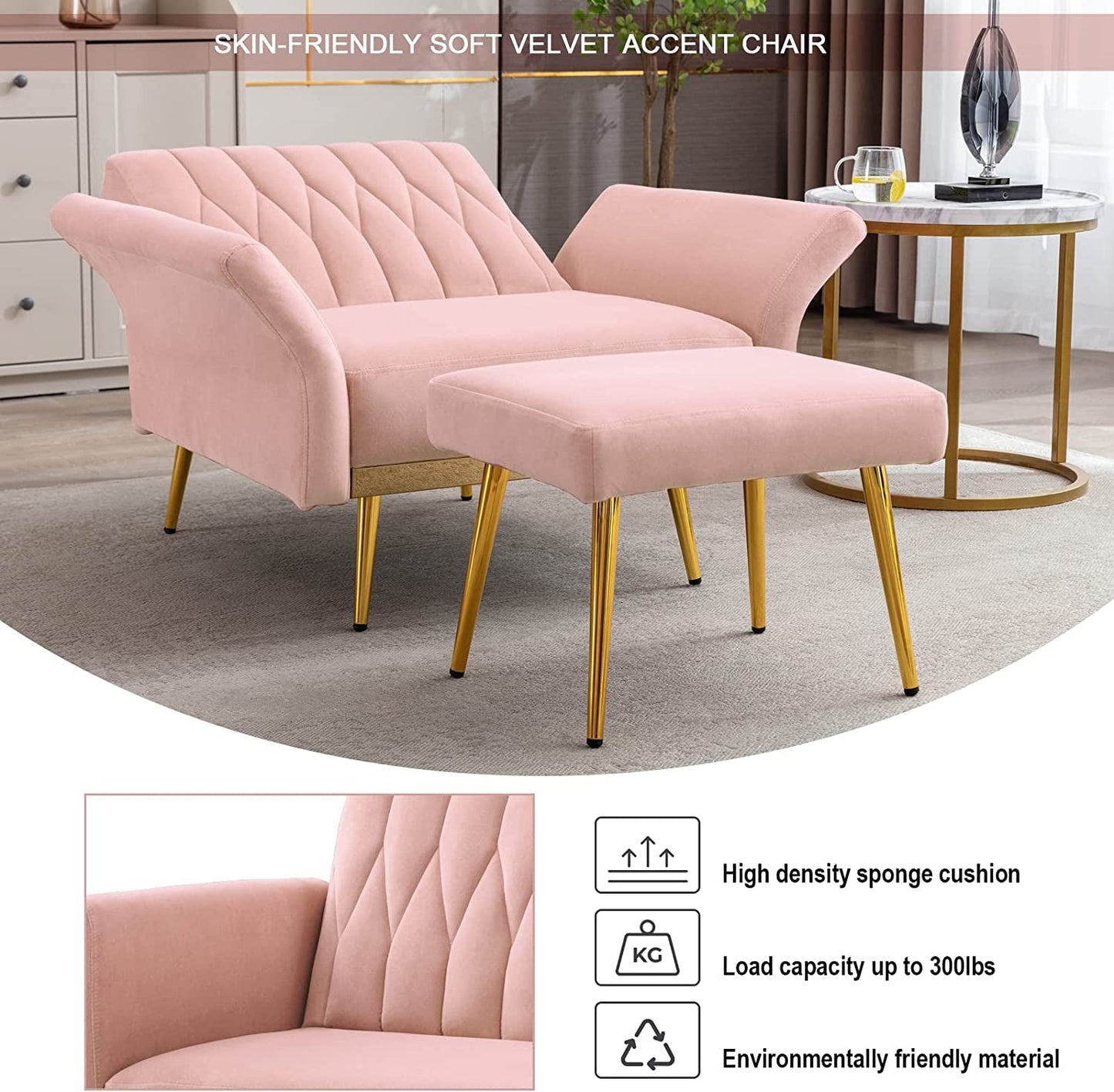 Pink Velvet Multifunctional Sofa Chair with Ottoman and Armrests