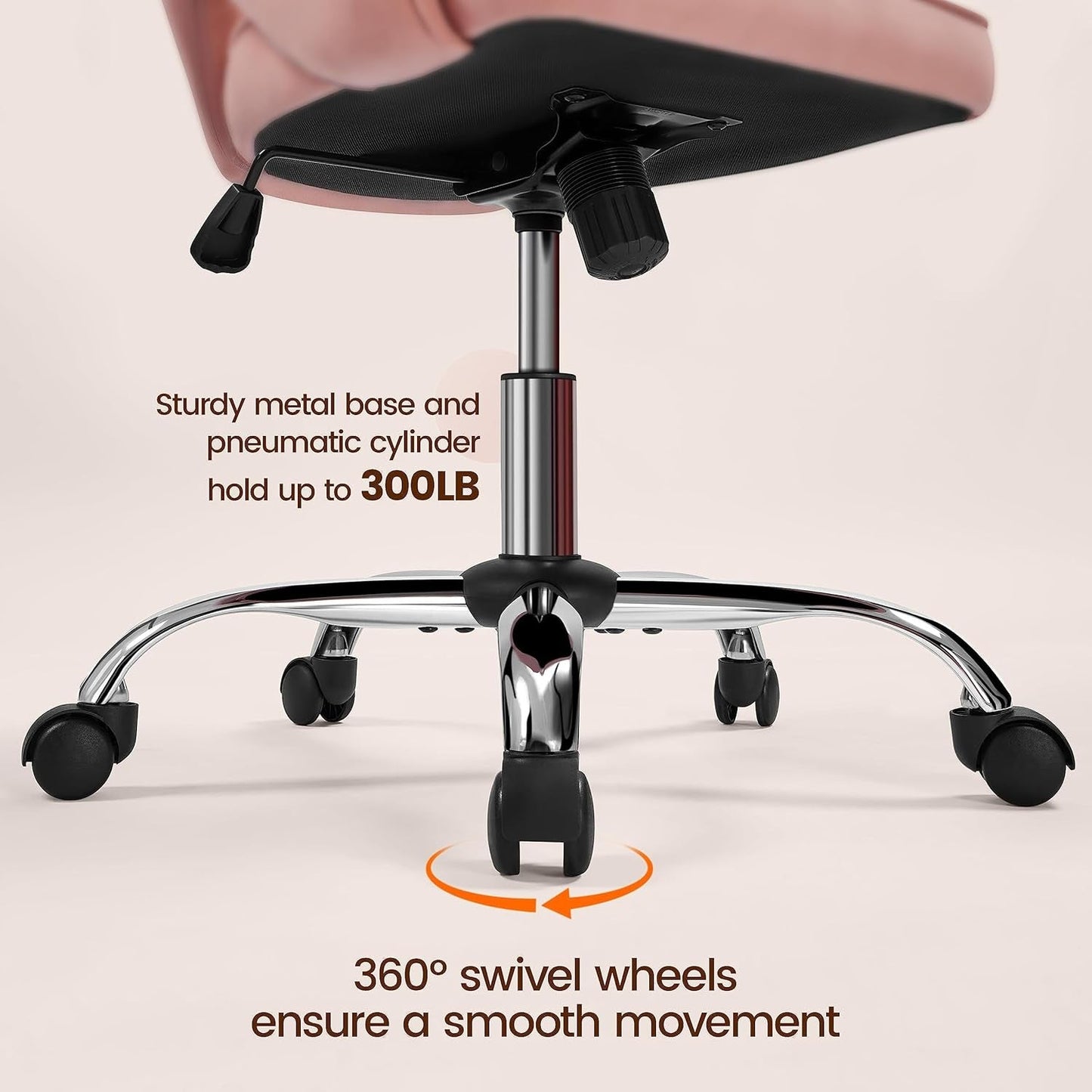 Pink velvent office Chair shows swivel wheel features and 300 pound capacity