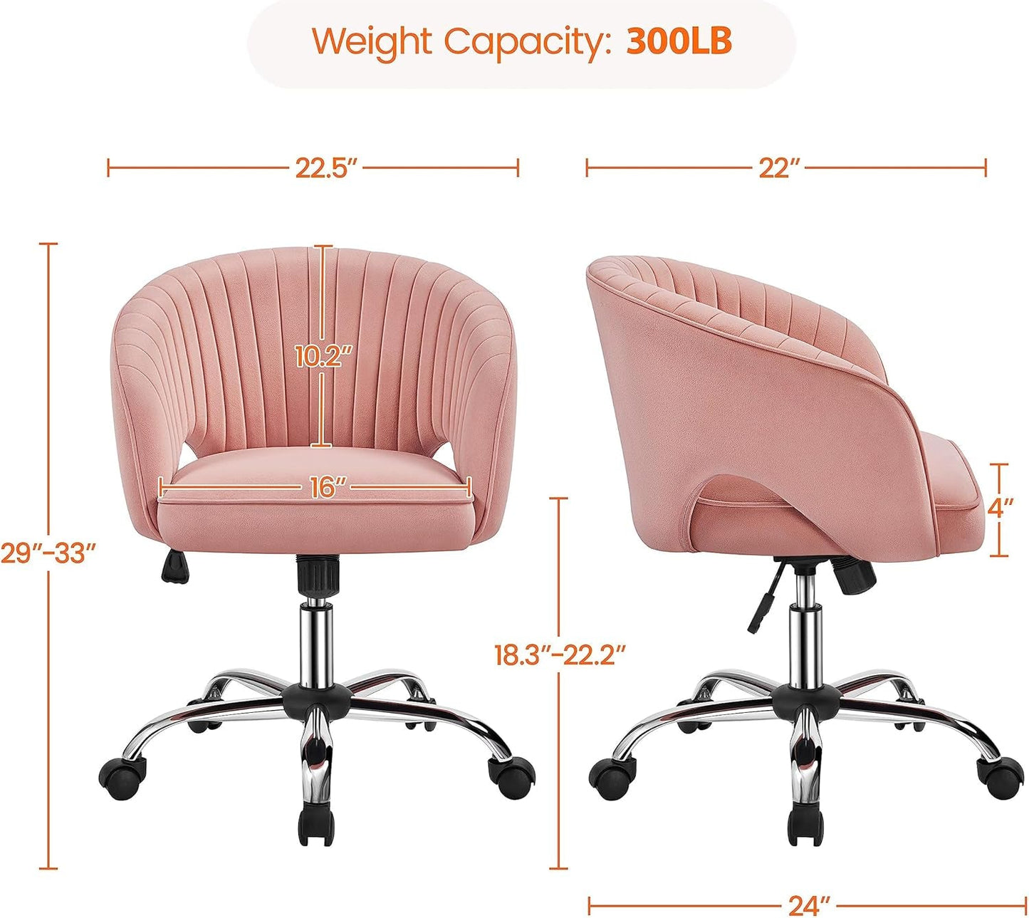Pink Desk Chair shows dimesions