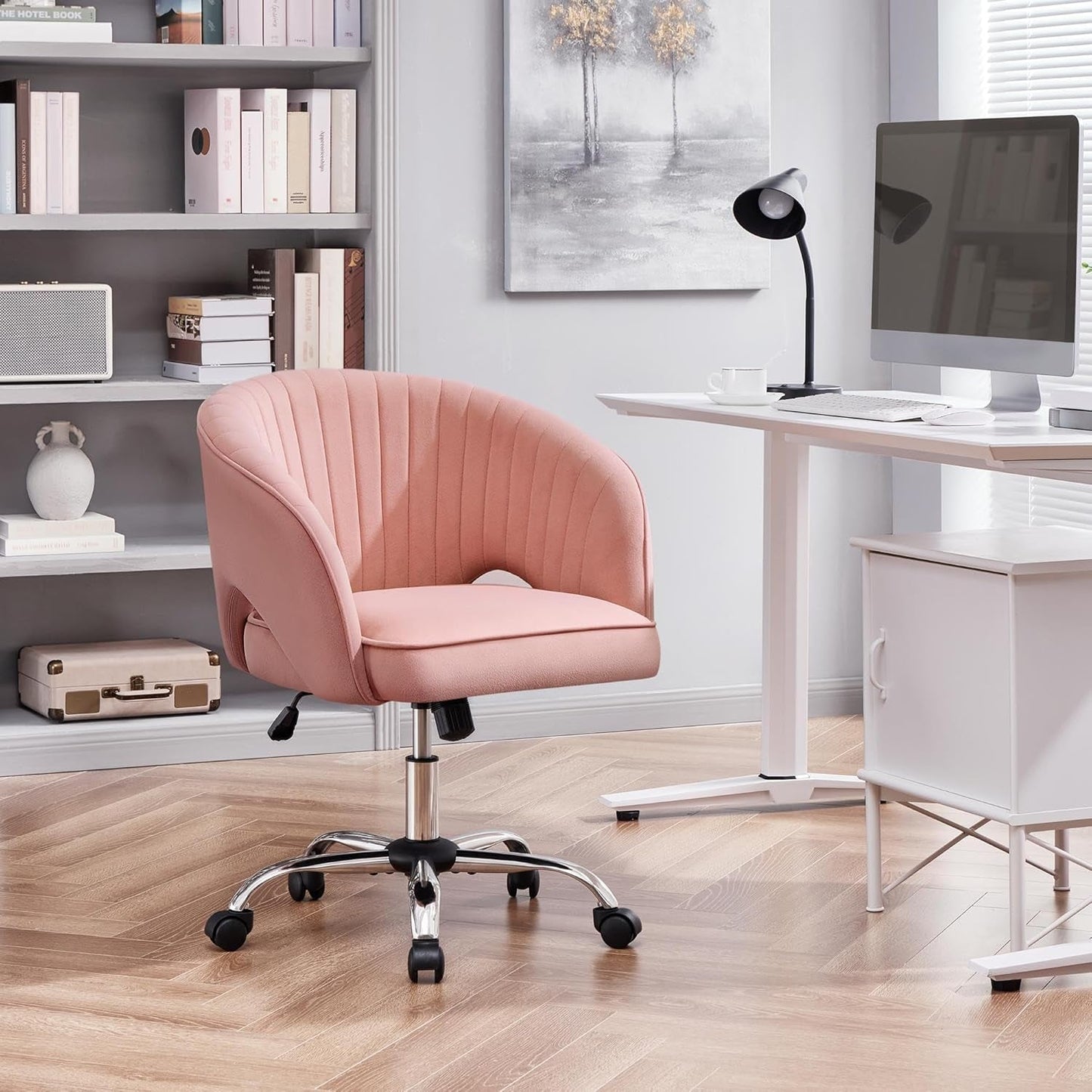 Pink velvet desk Chair rolling in office