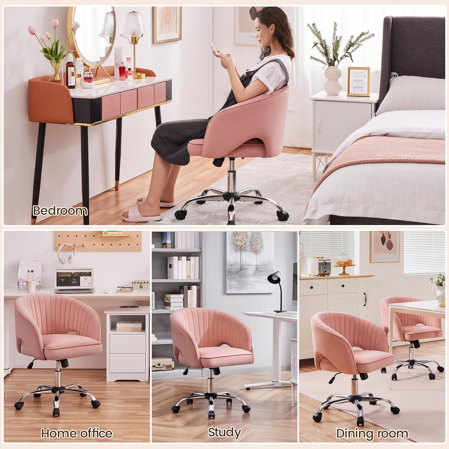 Pink rolling dek chair in bedroom vanity, home office study and dining room