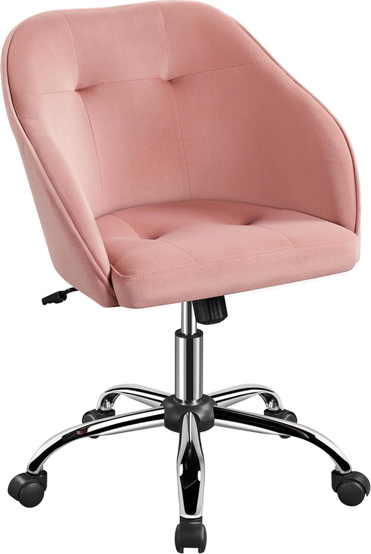 pink office chair with soft padded upholstered back and chrome swivel wheel base
