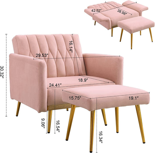 Pink Velvet Multifunctional Sofa Chair with Ottoman and Armrests