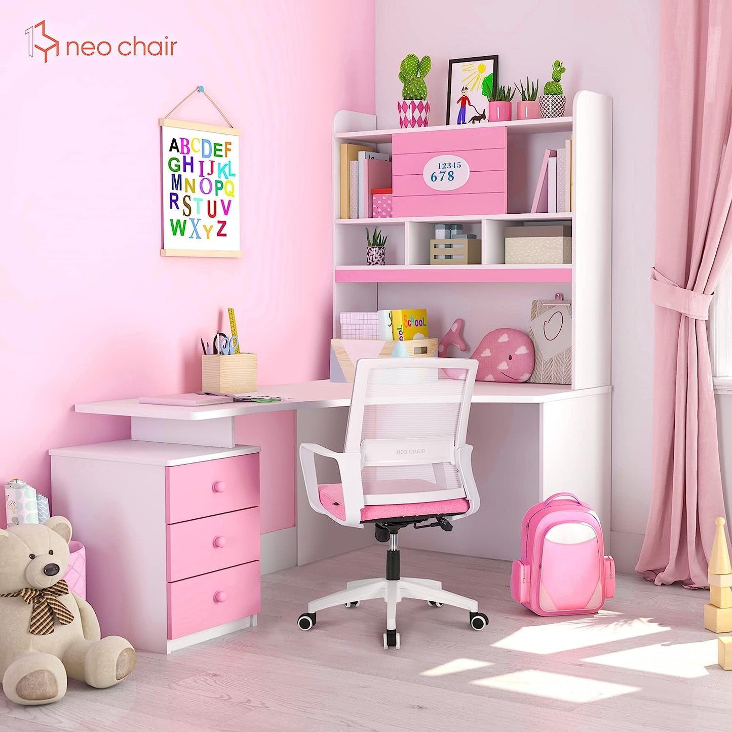 pink office chair with white mesh back at kids desk in a pink room