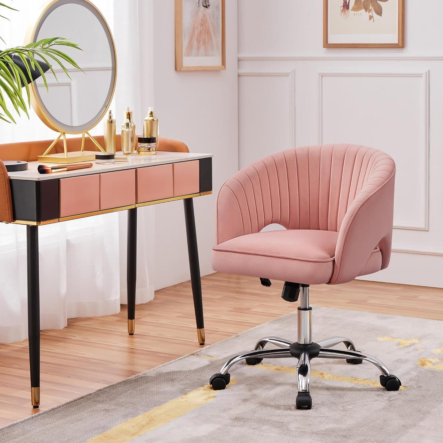 Pink Desk Chair Soft sits in bedroom as a Vanity Chair