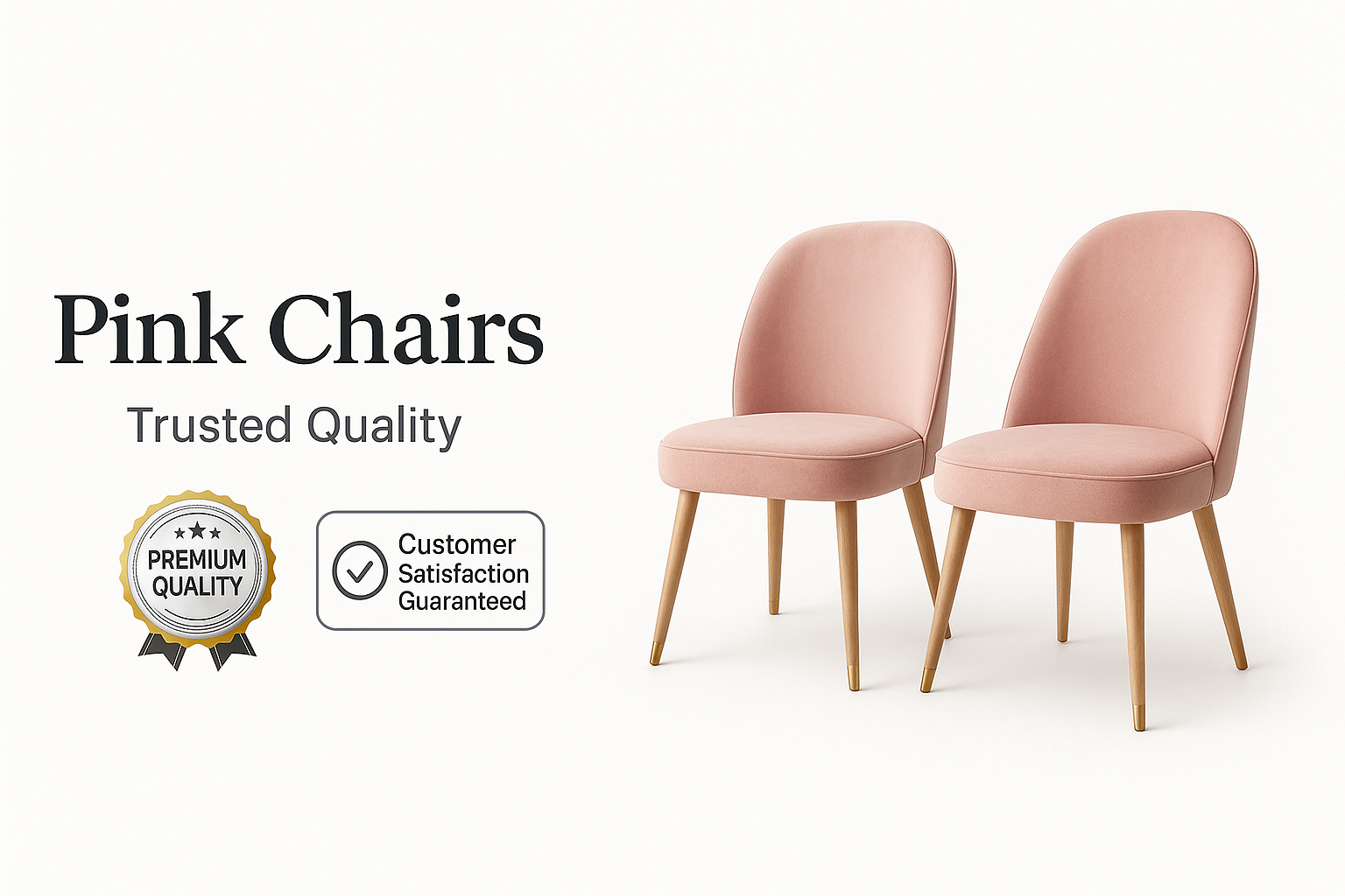 A professional banner for Pink Chairs with a 1.96:1 aspect ratio and generous margins, featuring elegant pink chairs, a Premium Quality badge, and a badge with a checkmark that says exactly "Customer Satisfaction Guaranteed"