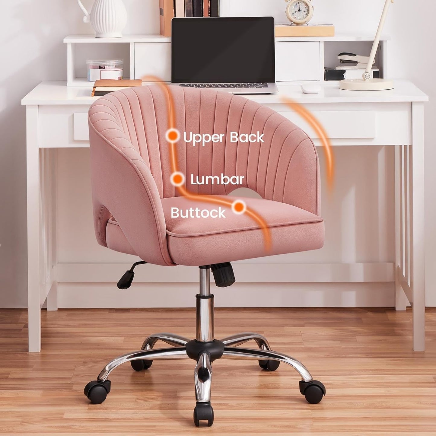 Pink Office Chair shows features at computer desk