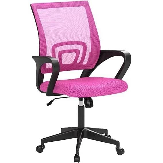 Pink Mid-Back Ergonomic Mesh Office Desk Chair with Armrests on white background