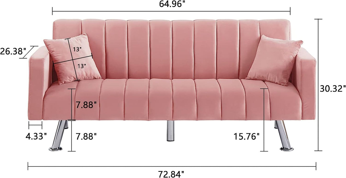 Pink Velvet Sofa Bed with 2 Pillows