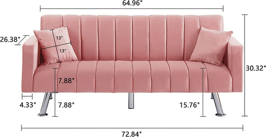 Pink Velvet Sofa Bed with 2 Pillows