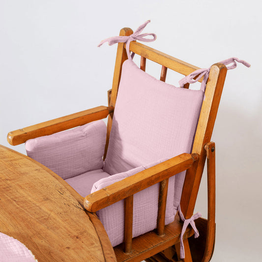 Pink High Chair Cushion in Organic Cotton tied to high chair