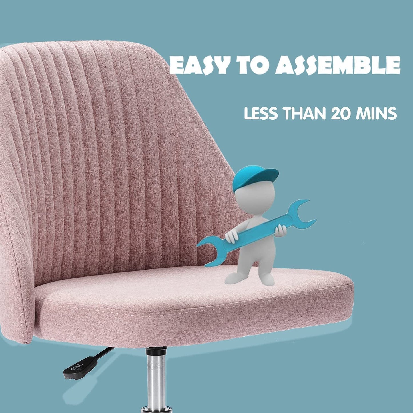 Modern Pink Rolling Desk Chair with Adjustable Metal Base with text easy to assemble in less than 20 minutes