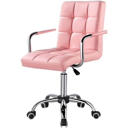 Pink Modern Faux Leather Mid-Back Swivel Office Chair with Armrests zoomed in