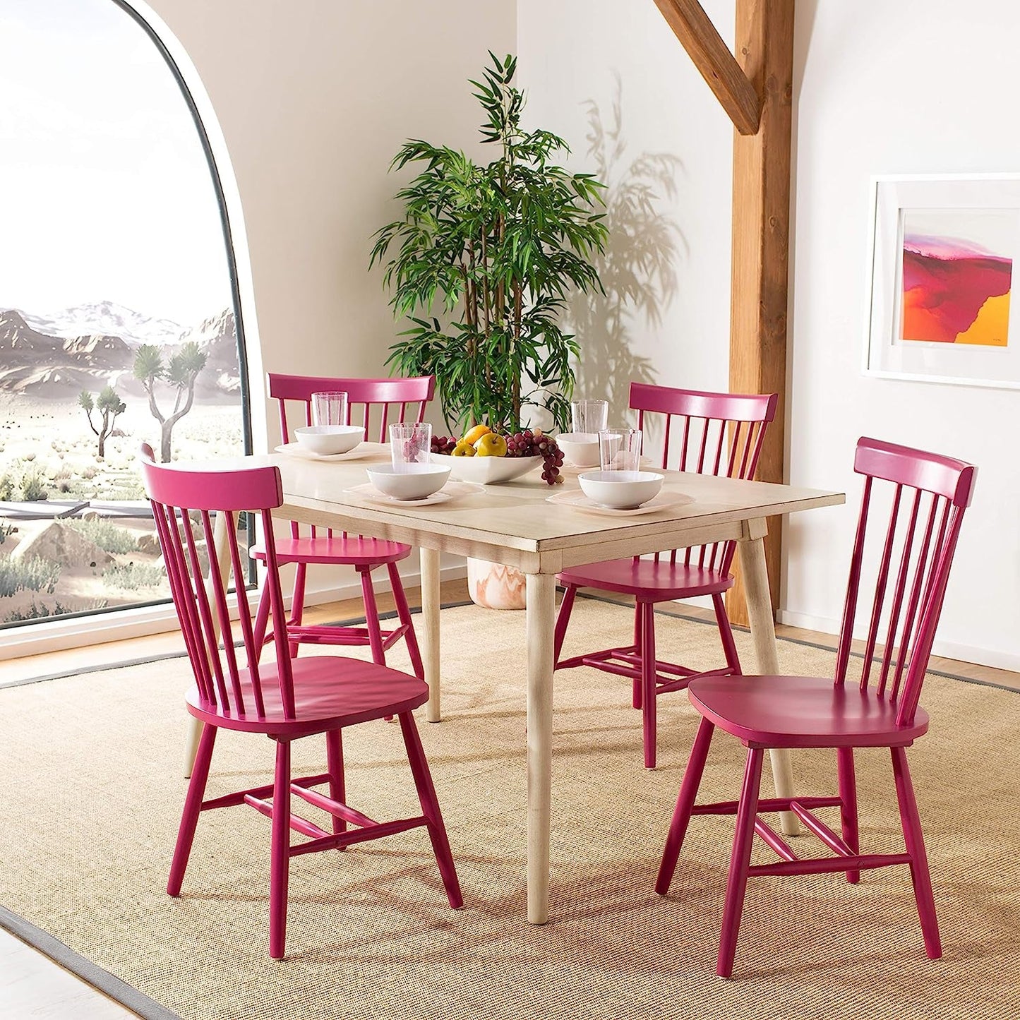 Raspberry Pink Wood Spindle Kitchen Side Chair Set at kitchen table set with dishes and fruit