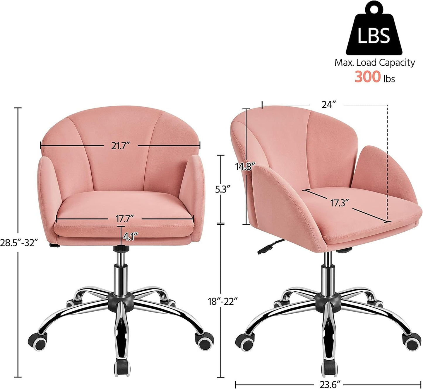 pink velvet swivel chair with chrome wheel base dimension details and 300lbs weight capacity