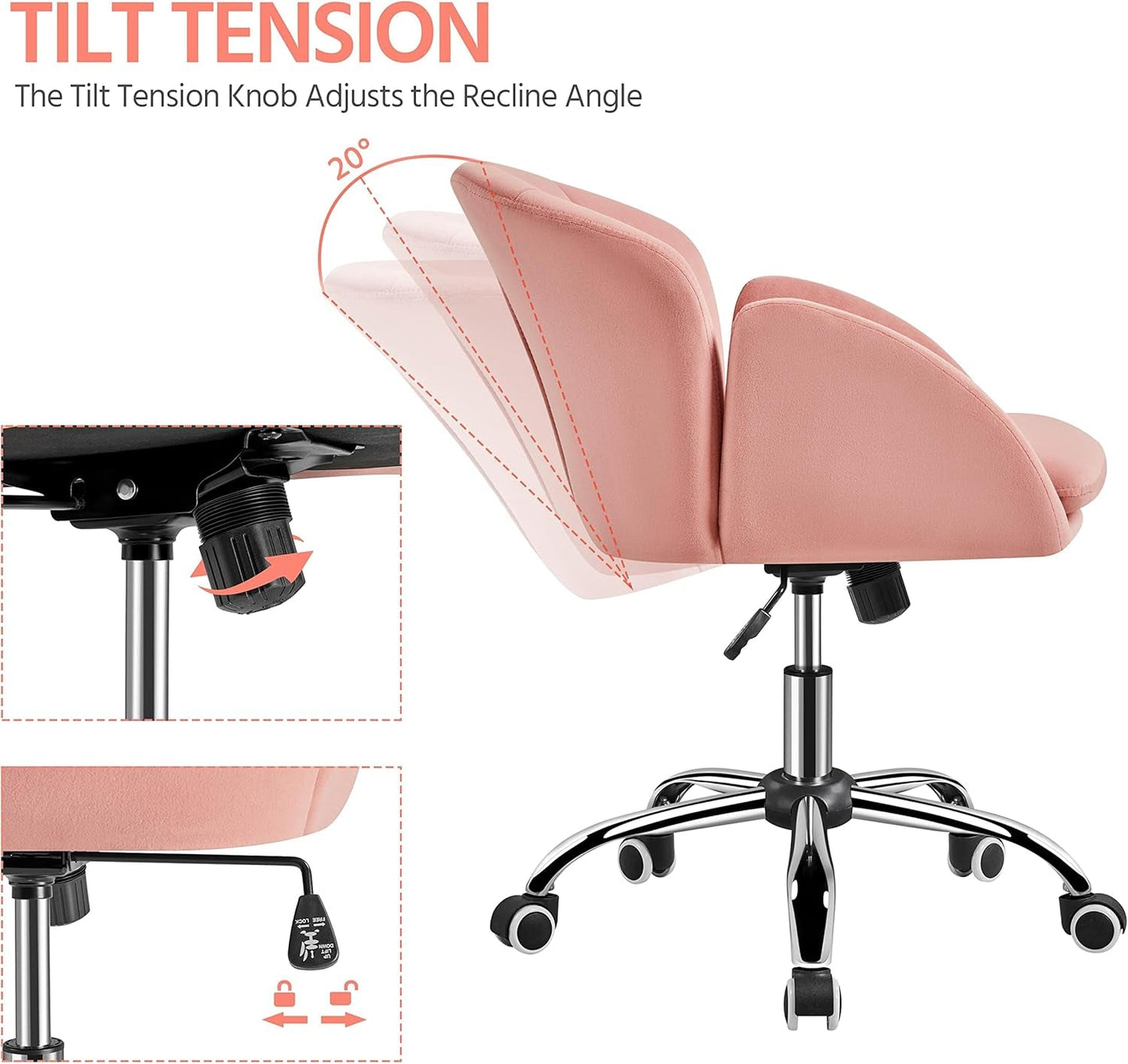 pink velvet swivel chair with chrome wheel base tilt back detail