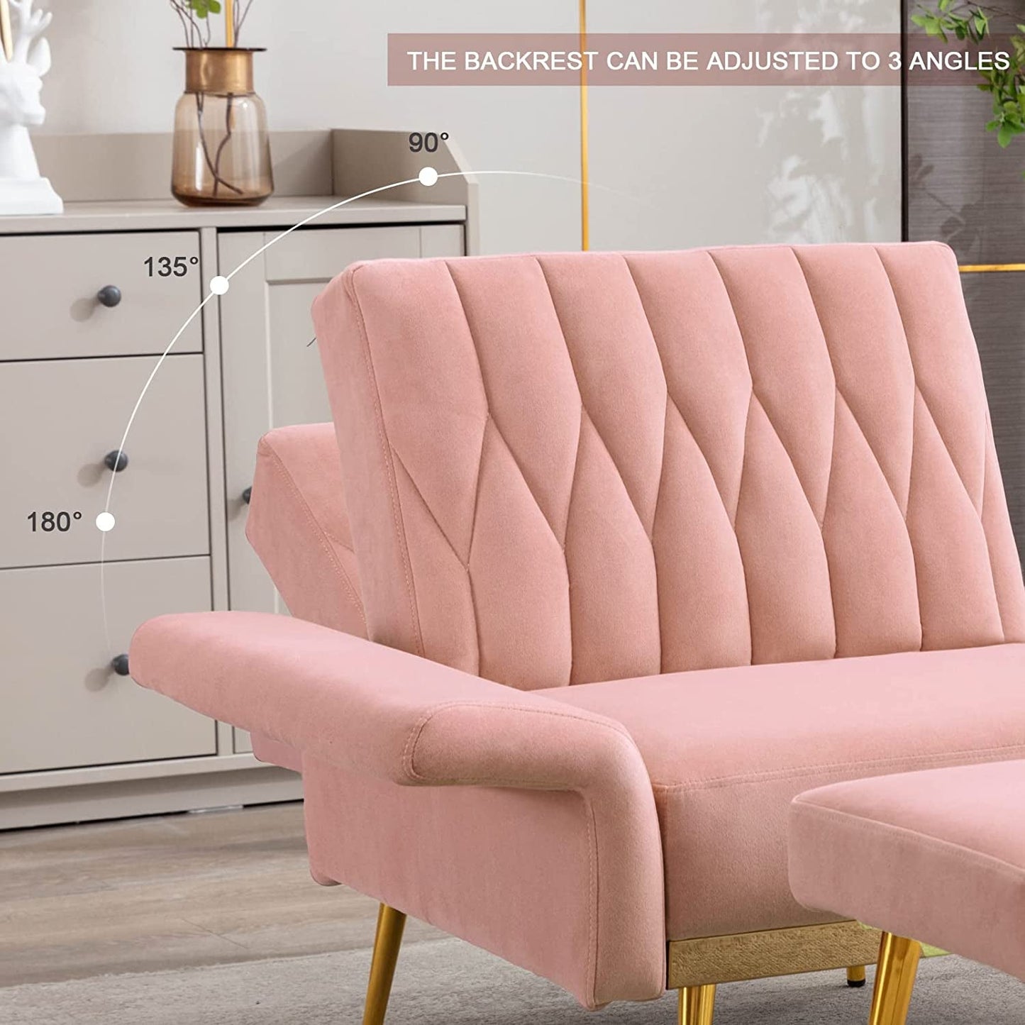 Pink Velvet Multifunctional Sofa Chair with Ottoman and Armrests