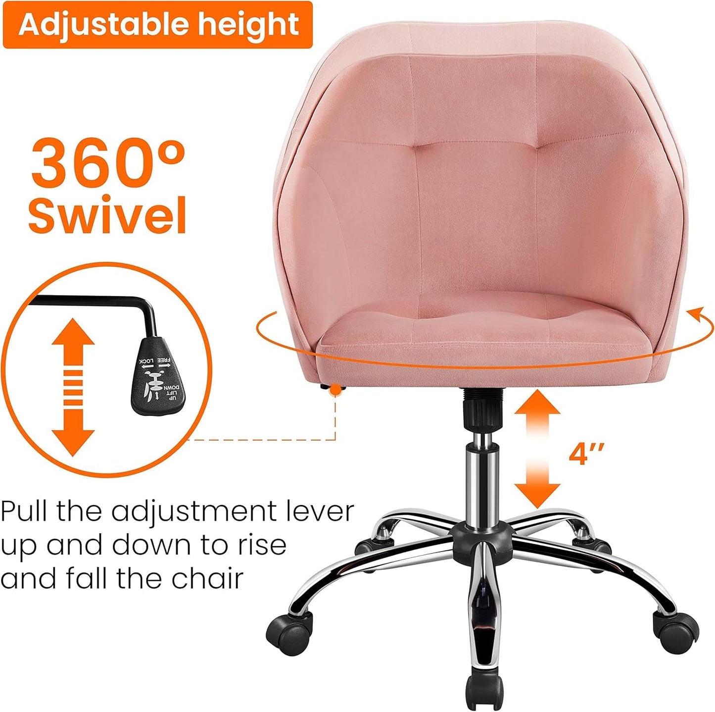 pink upholstered velvet office chair with adjustable height and swivel details