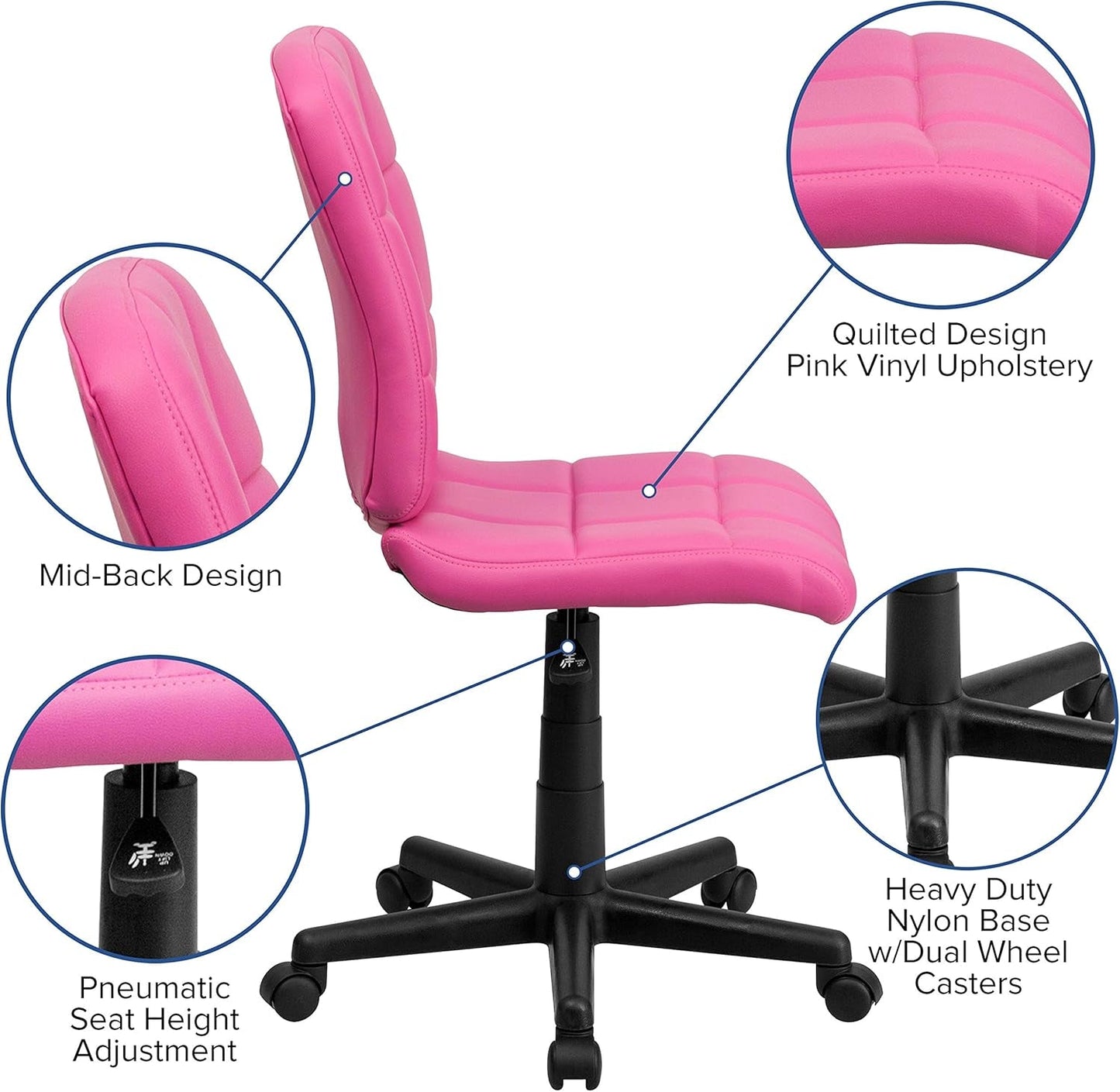 Mid-Back Pink Quilted Vinyl Swivel Task Office Chair