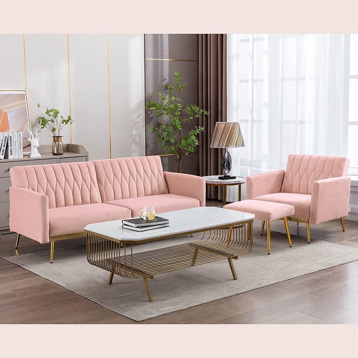 Pink Velvet Multifunctional Sofa Chair with Ottoman and Armrests