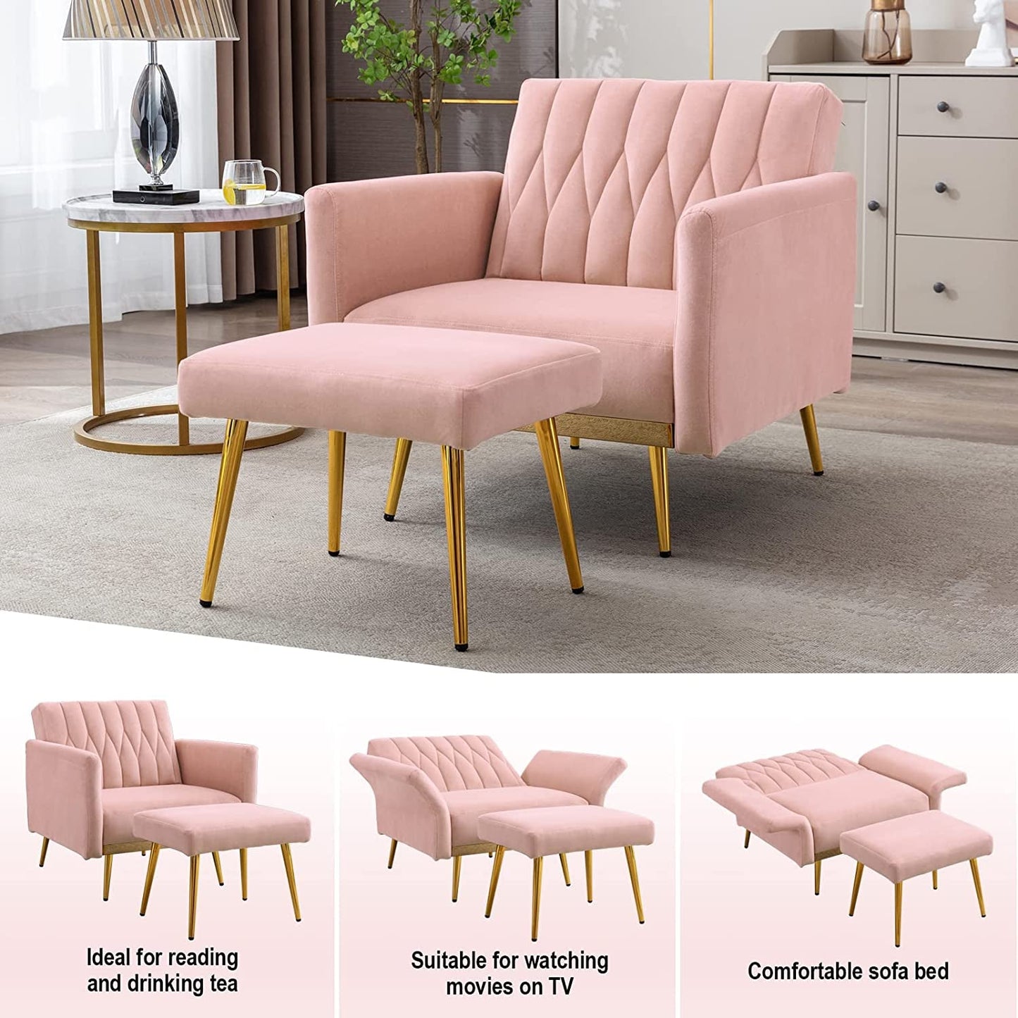 Pink Velvet Multifunctional Sofa Chair with Ottoman and Armrests