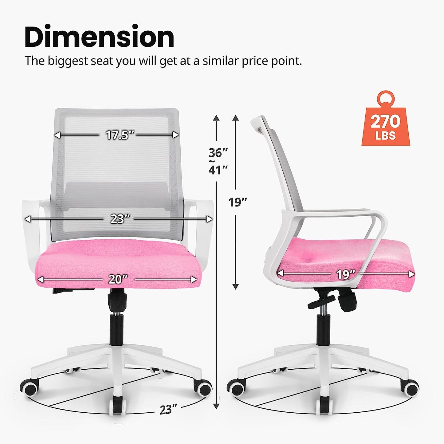 pink office chair with white mesh back dimension & 270lb capactity details 