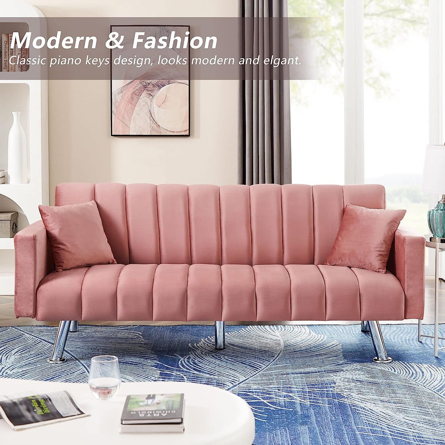 Pink Velvet Sofa Bed with 2 Pillows