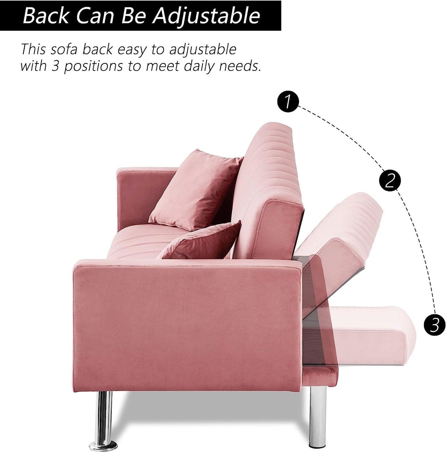 Pink Velvet Sofa Bed with 2 Pillows