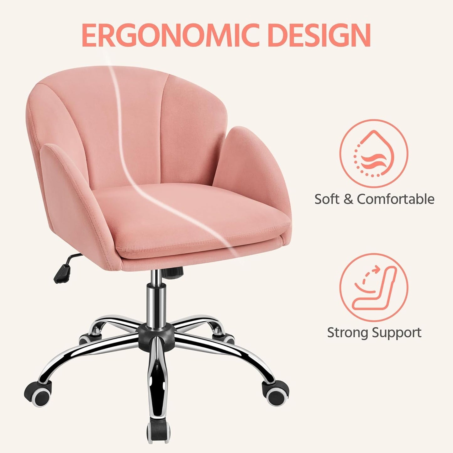 pink velvet swivel chair ergonimic comfort details