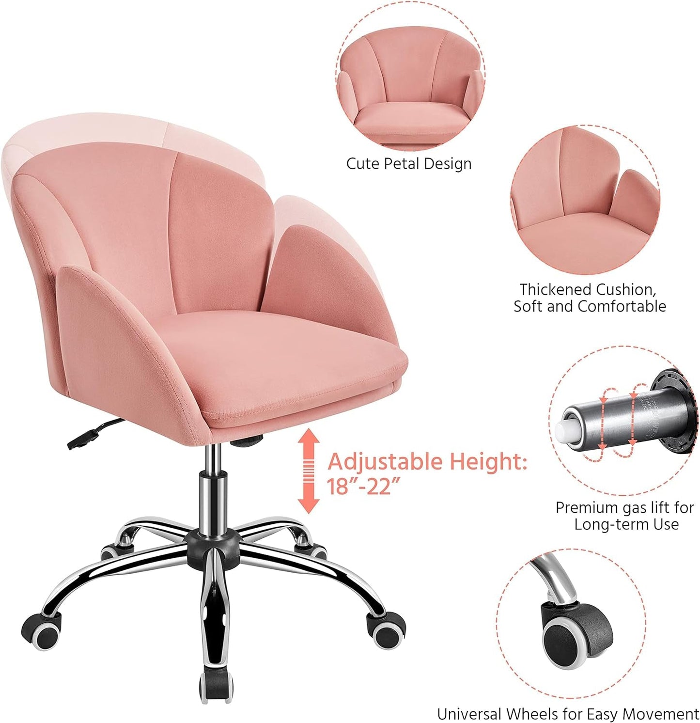 pink velvet swivel chair with chrome wheel base adjustable height details