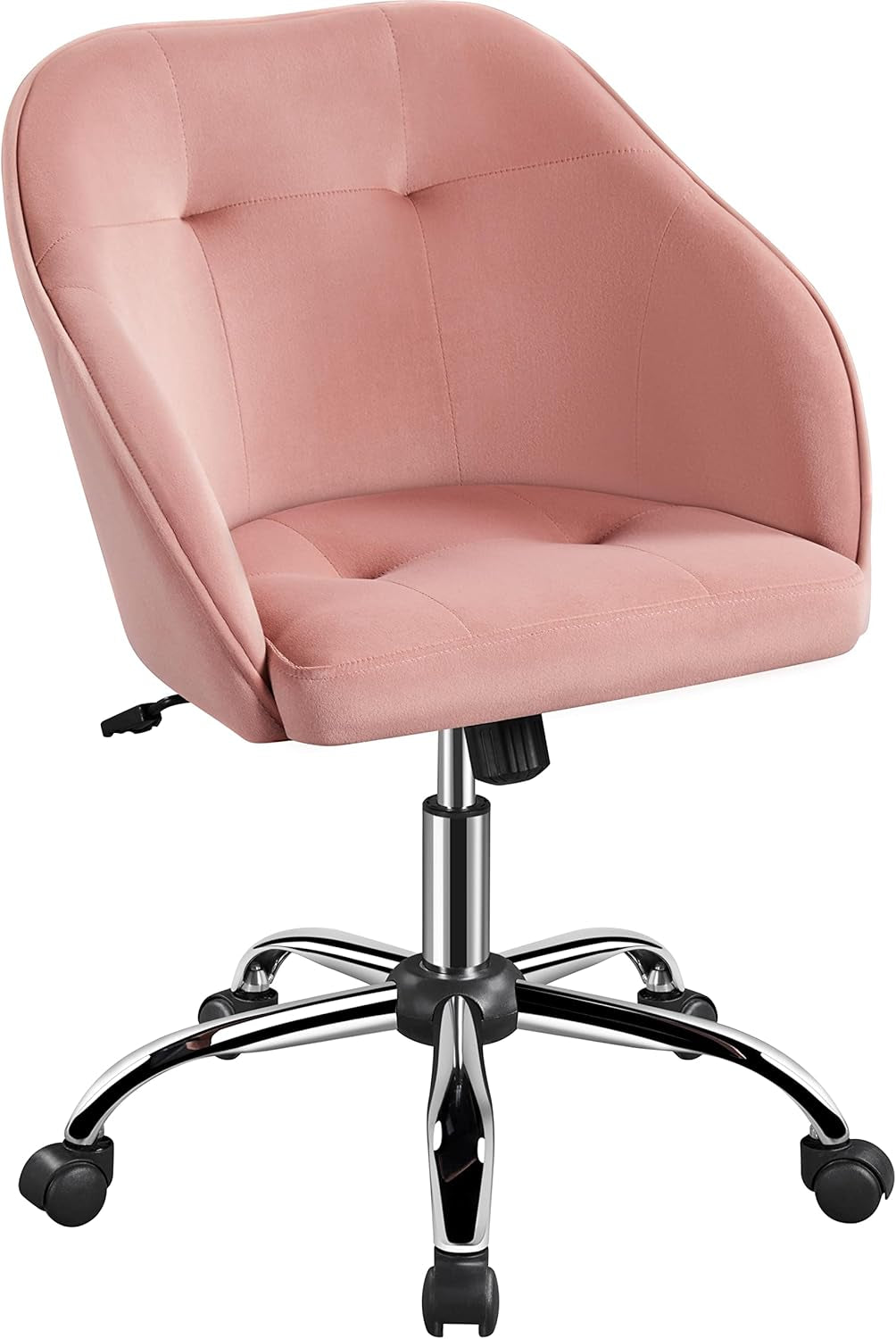 pink office chair with soft padded upholstered back and chrome swivel wheel base