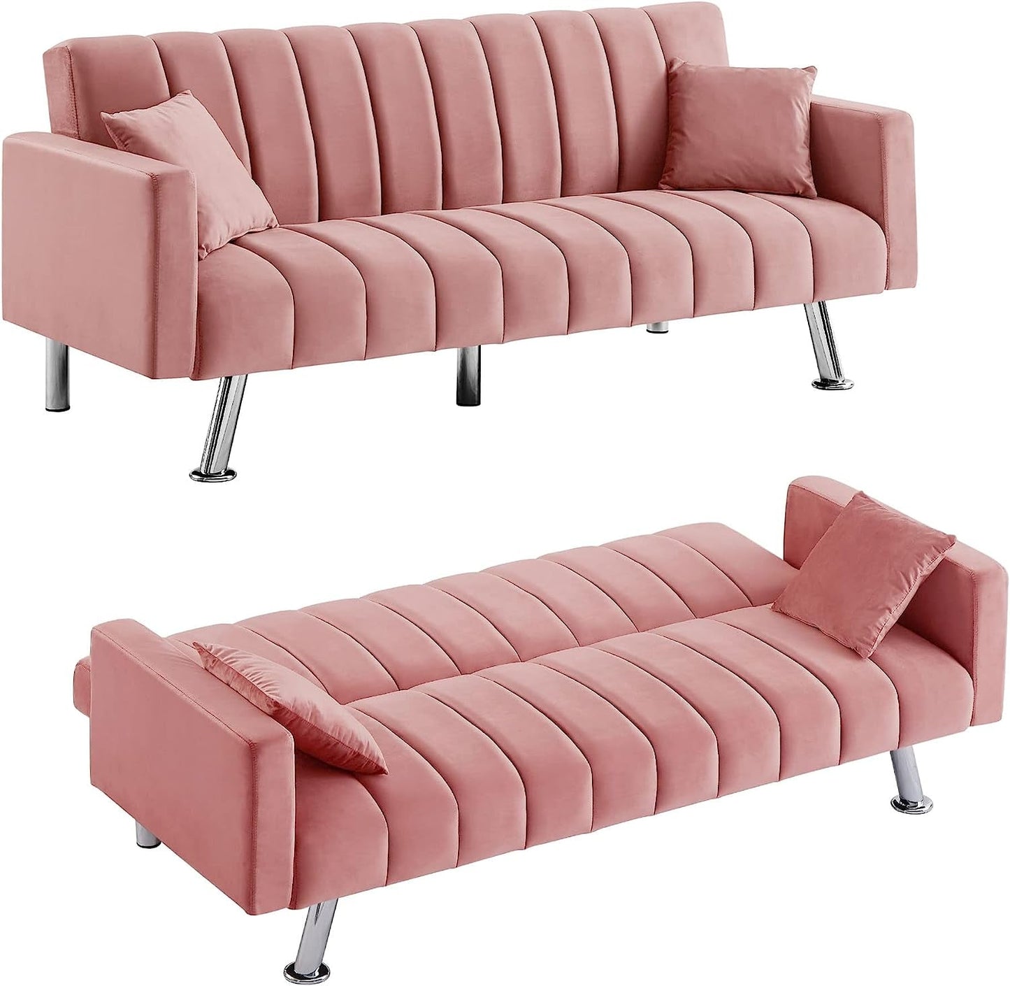 Pink Velvet Sofa Bed with 2 Pillows