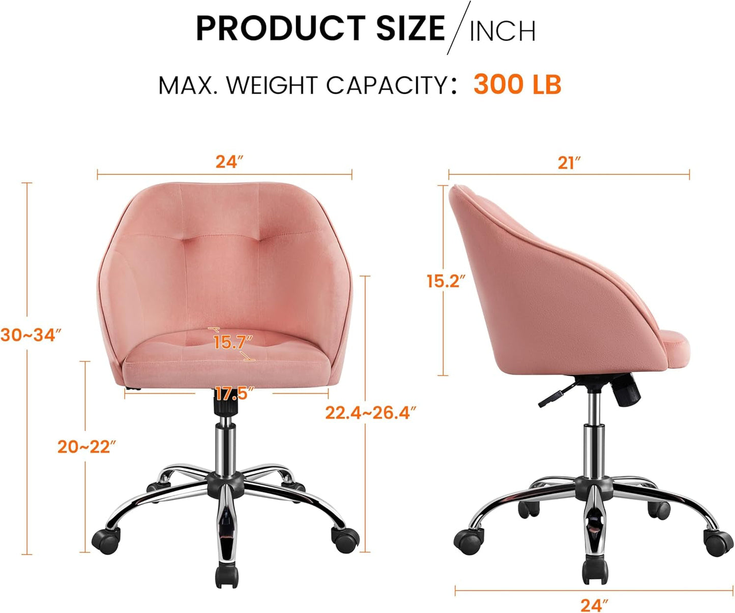 pink upholstered velvet office chair dimensions detail and 300lbs capacity