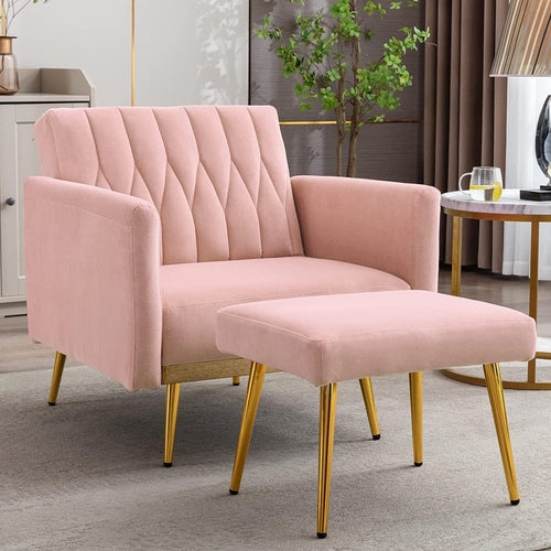 Pink Velvet Multifunctional Sofa Chair with Ottoman and Armrests
