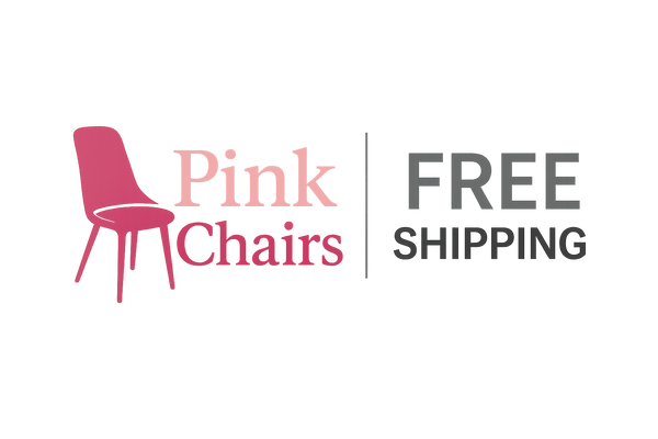 A modern logo for Pink Chairs featuring a stylized pink chair silhouette with elegant typography. To the right, there's a vertical line divider, followed by "FREE SHIPPING" in grayscale for pink furniture shoppers in Canada & USA