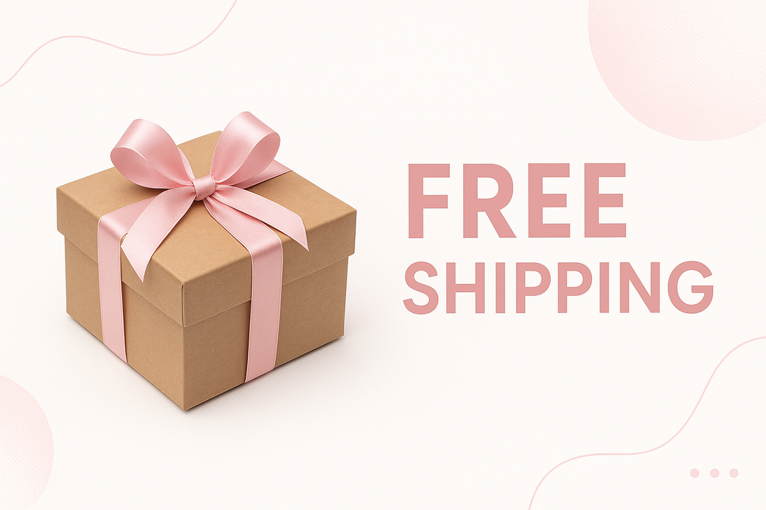 A professional e-commerce banner image announcing free shipping, featuring a shipping box with a decorative bow, clean modern design with soft pink accents matching the Pink Chairs brand aesthetic. The image has "FREE SHIPPING" text in bold, eye-catching typography on a clean white background with subtle design elements.