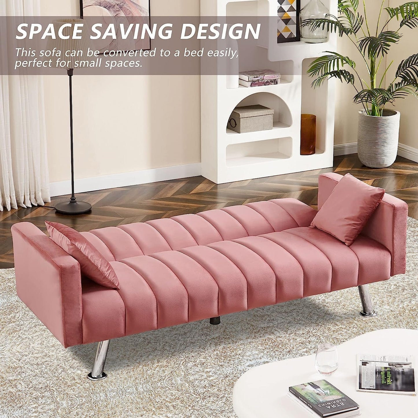 Pink Velvet Sofa Bed with 2 Pillows