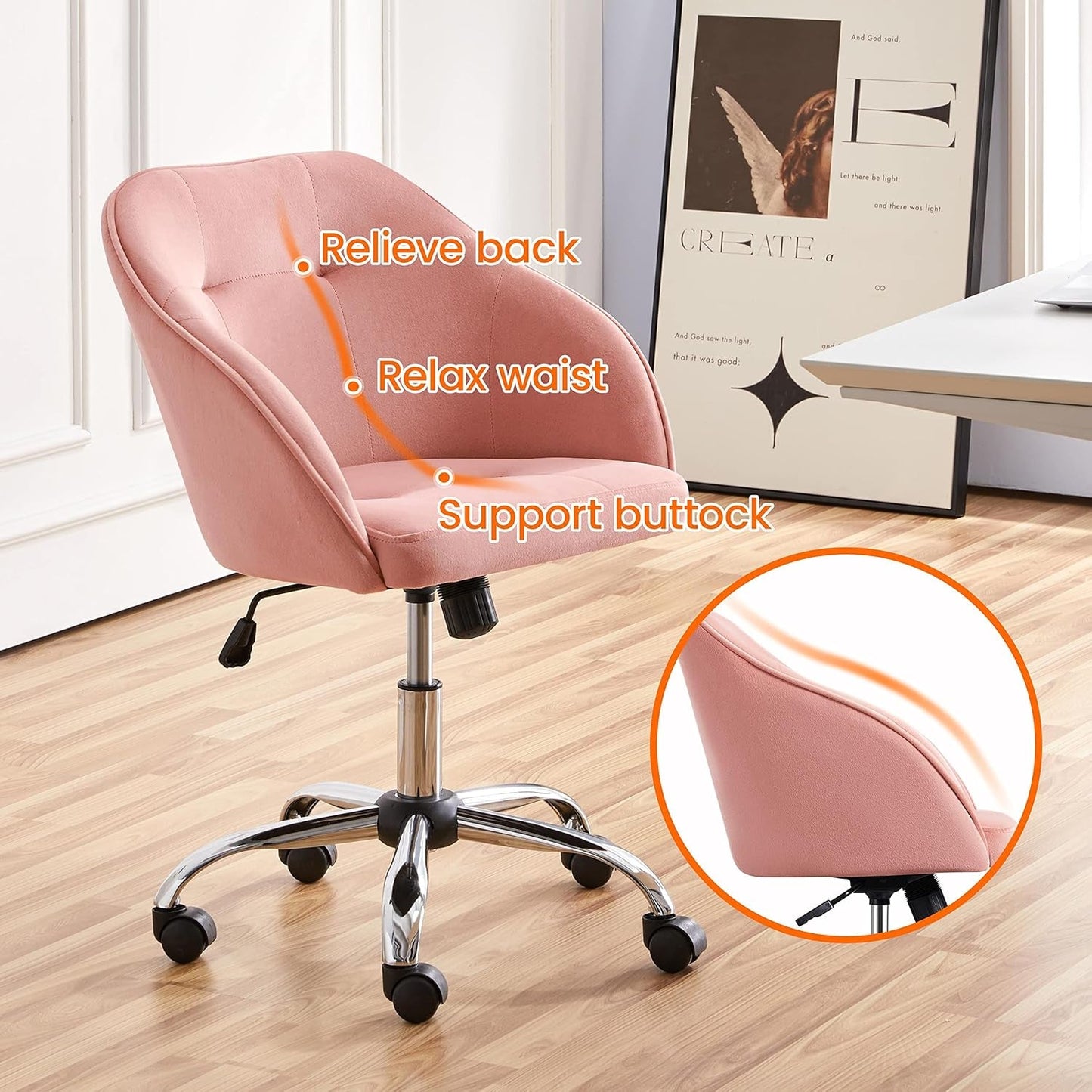 pink upholstered velvet desk chair in a home office with comfort details