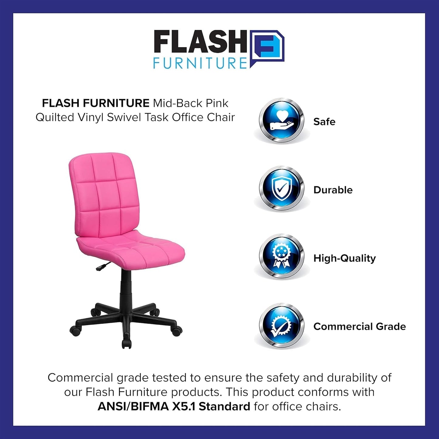 Mid-Back Pink Quilted Vinyl Swivel Task Office Chair