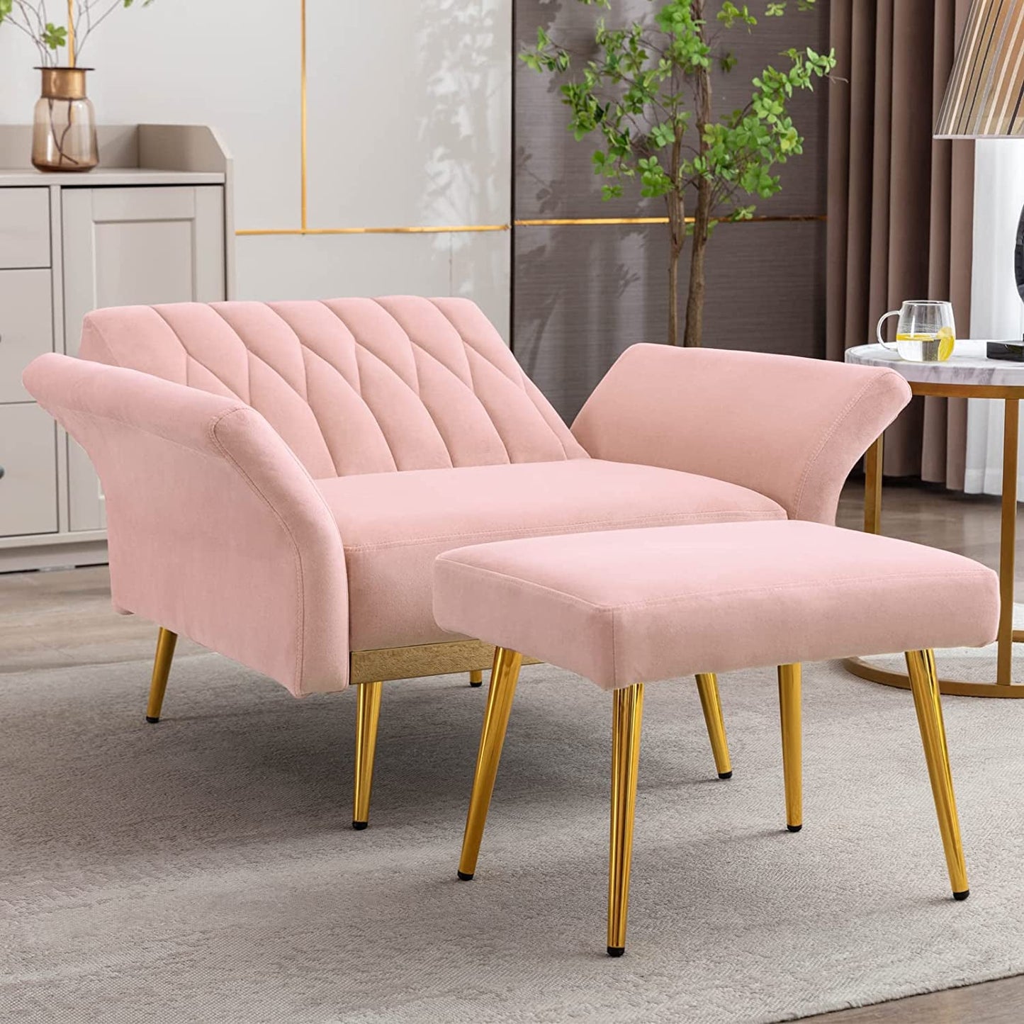 Pink Velvet Multifunctional Sofa Chair with Ottoman and Armrests