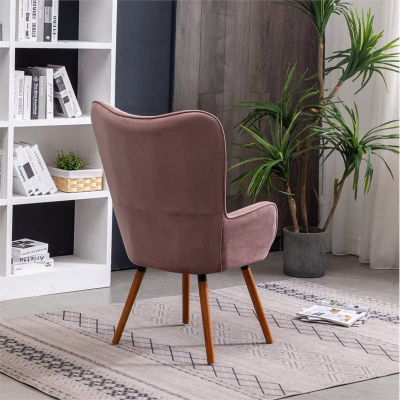 Contemporary Dark Pink Velvet Accent Chair with Tufted Back as a side chair in a living room back view
