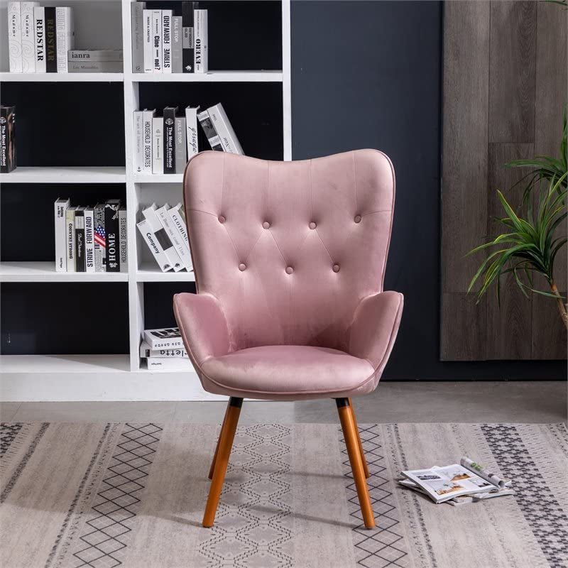 Contemporary Dark Pink Velvet Accent Chair with Tufted Back as a side chair in a living room front view