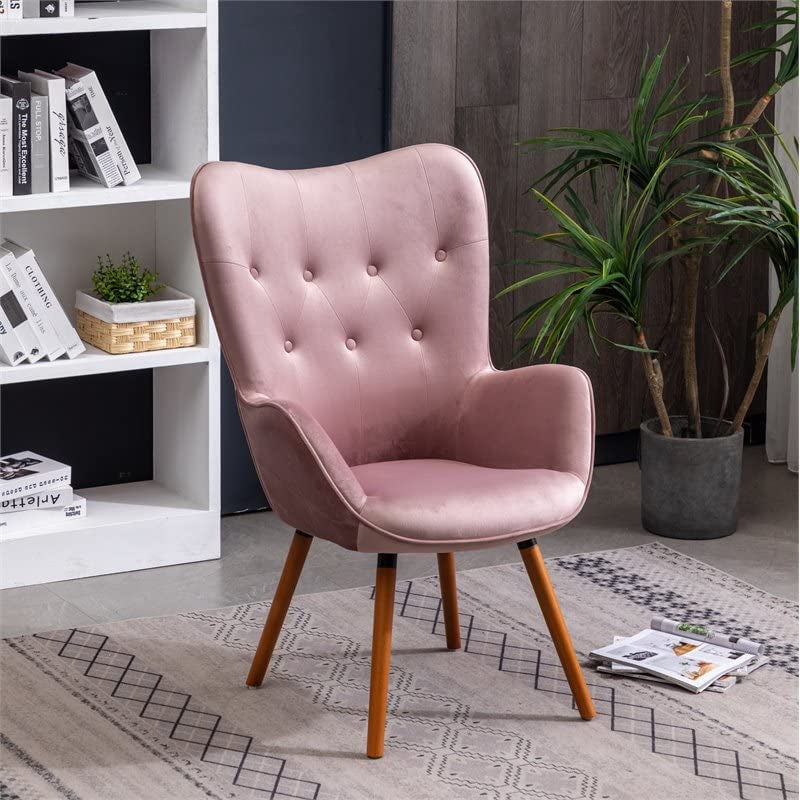 Contemporary Dark Pink Velvet Accent Chair with Tufted Back as a side chair in a living room high angle view