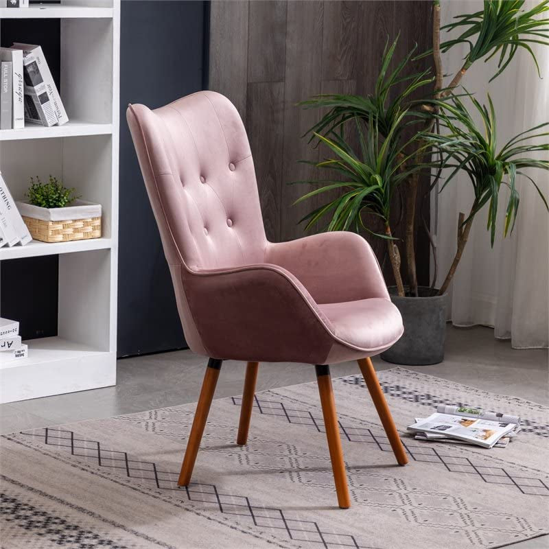 Contemporary Dark Pink Velvet Accent Chair with Tufted Back as a side chair in a living room side view