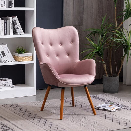 Contemporary Dark Pink Velvet Accent Chair with Tufted Back as a side chair in a living room