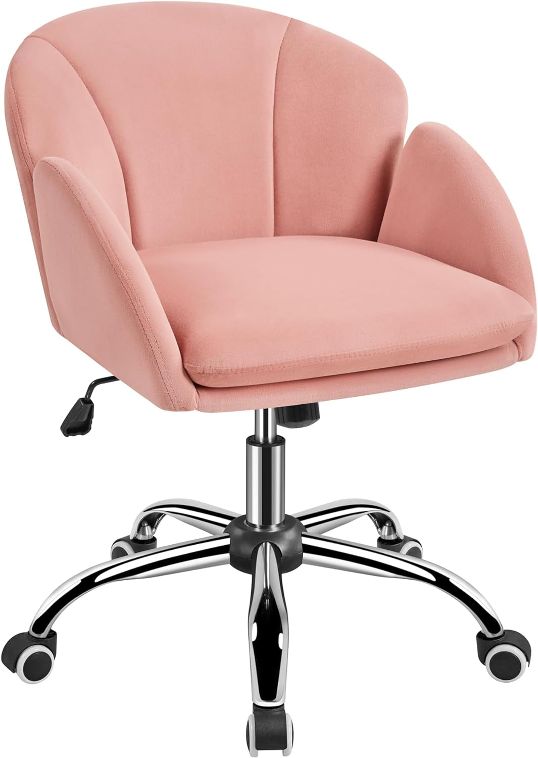 pink velvet swivel chair with chrome wheel base front view