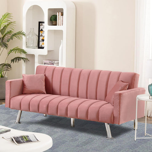 Pink Velvet Sofa Bed with 2 Pillows