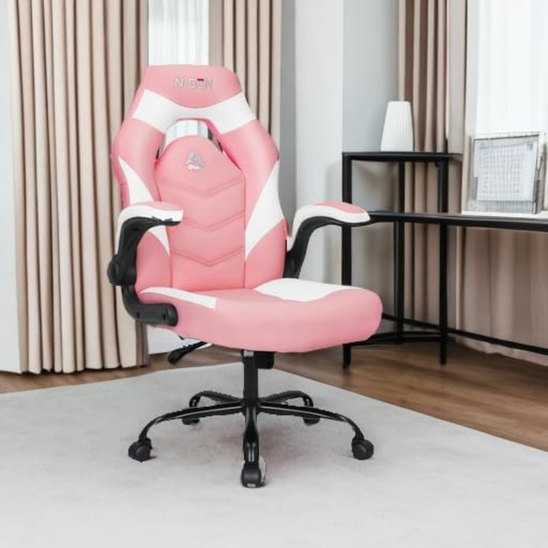 Pink Video Gaming Computer Chair used at a desk in an office