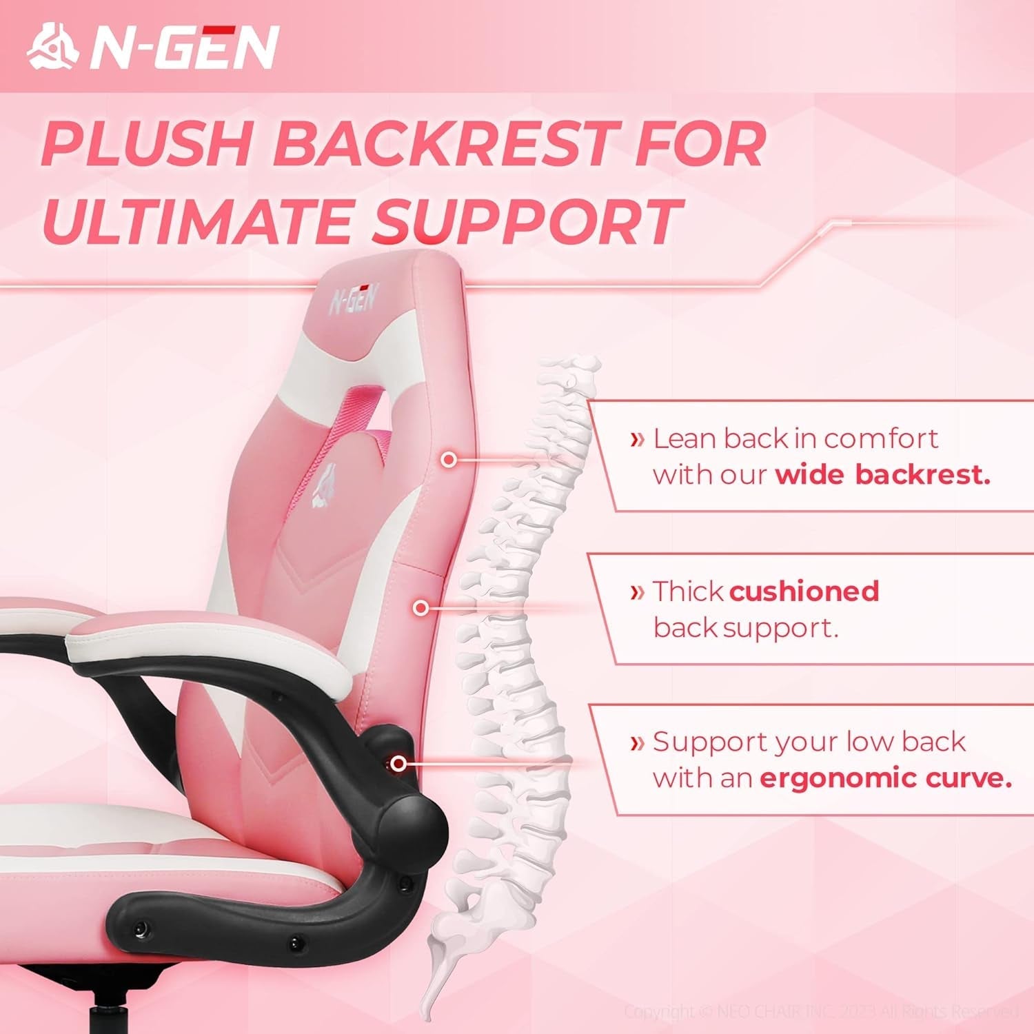 Pink Video Gaming Computer Chair with text about plush backrest for support and a wide ergonimic back to support lower abck