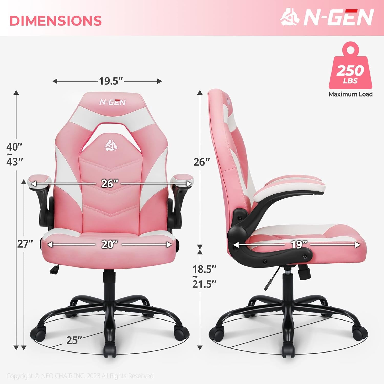 Pink Video Gaming Computer Chair showing dimensions and 250lbs capcity